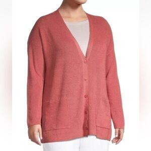 Eileen Fisher V-Neck Boyfriend Button Cardigan Sz 1X‎ Linen Blend Watermelon